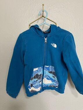 The North Face Kids Blue Hooded Zip Fleece with Patterned Pockets